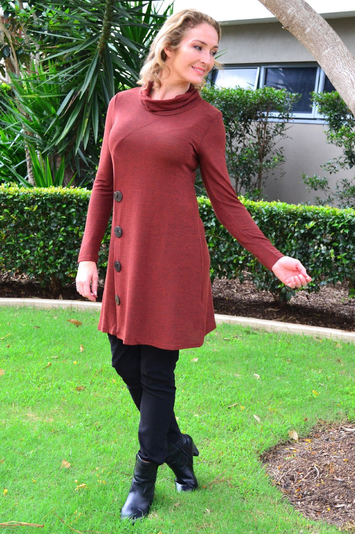 Burgundy Caroline Morgan button-rolled neck tunic dress with long sleeves and relaxed fit, displayed on a mannequin.