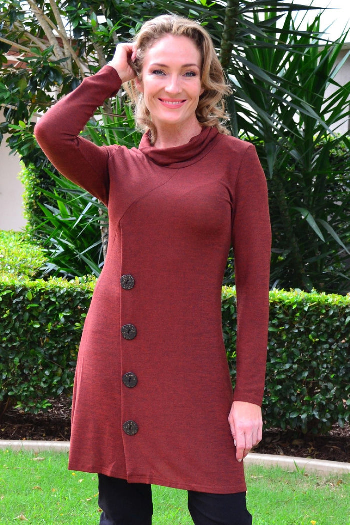 Burgundy Caroline Morgan button-rolled neck tunic dress with long sleeves and relaxed fit, displayed on a mannequin.