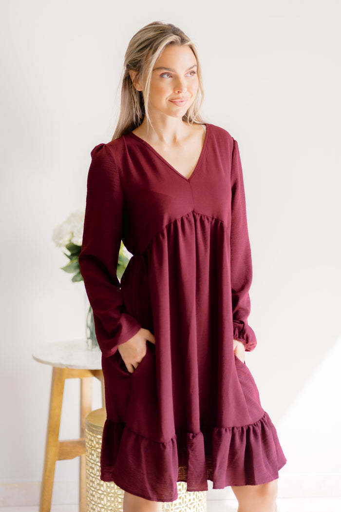 Burgundy Bliss V Neck Babydoll Ruffled Dress
