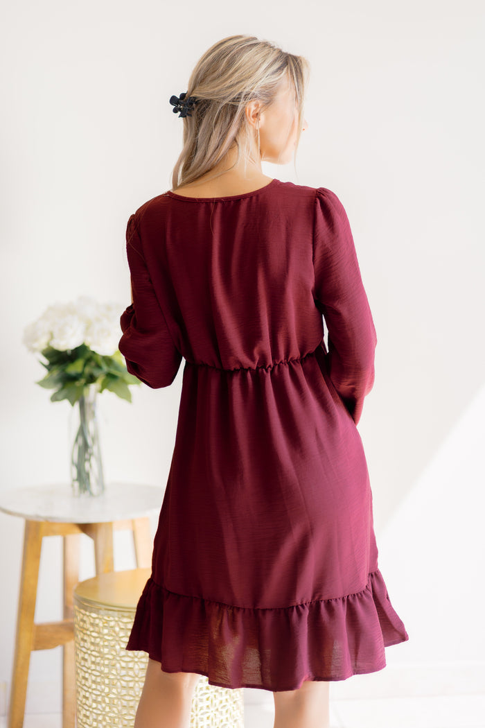 Burgundy Bliss V Neck Babydoll Ruffled Dress