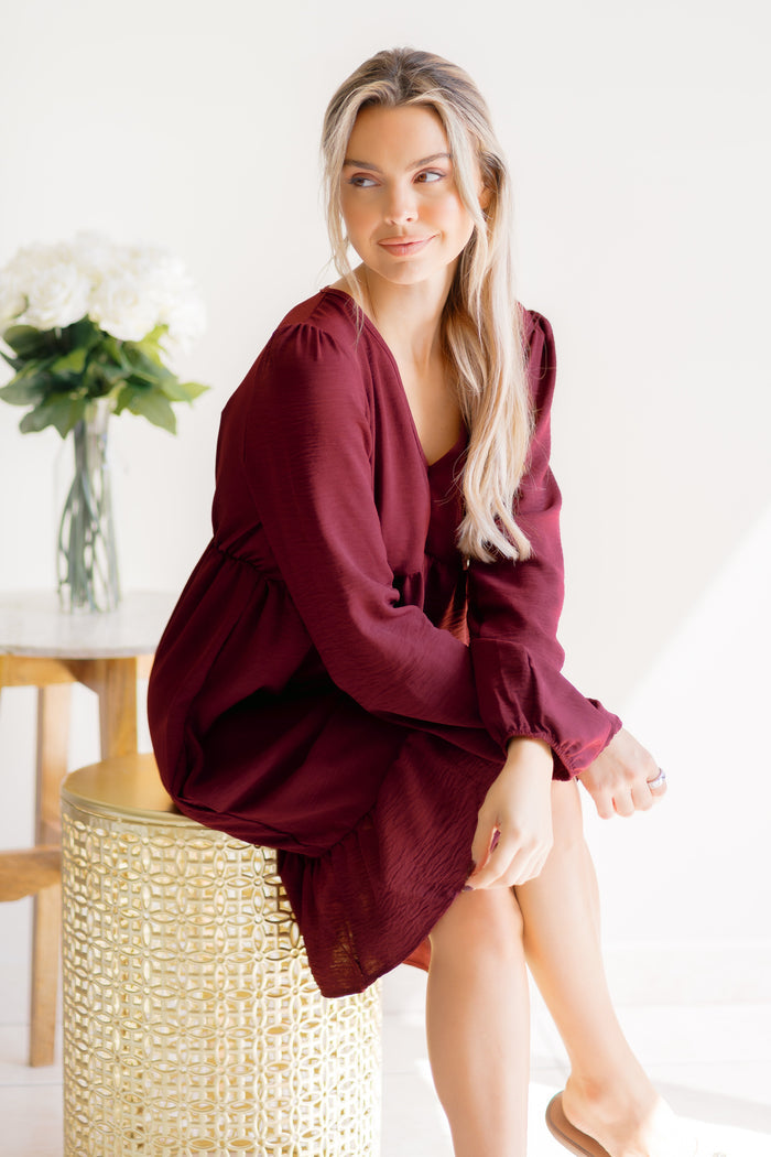 Burgundy Bliss V Neck Babydoll Ruffled Dress