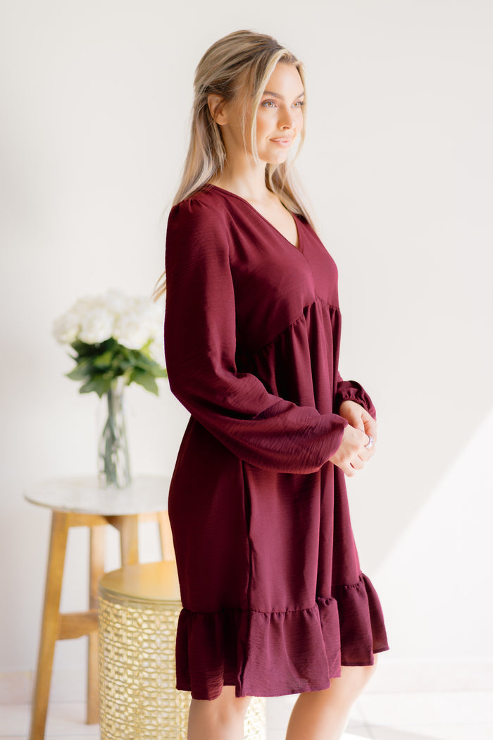 Burgundy Bliss V Neck Babydoll Ruffled Dress