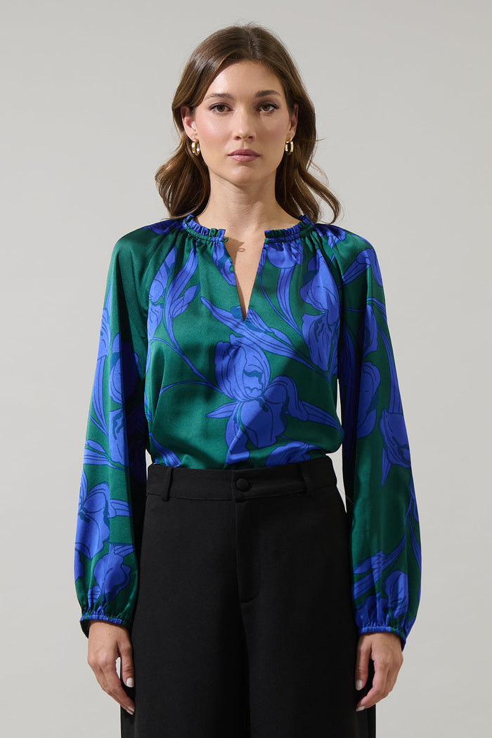 Busbee Floral Alcazar Raglan Sleeve Satin Blouse