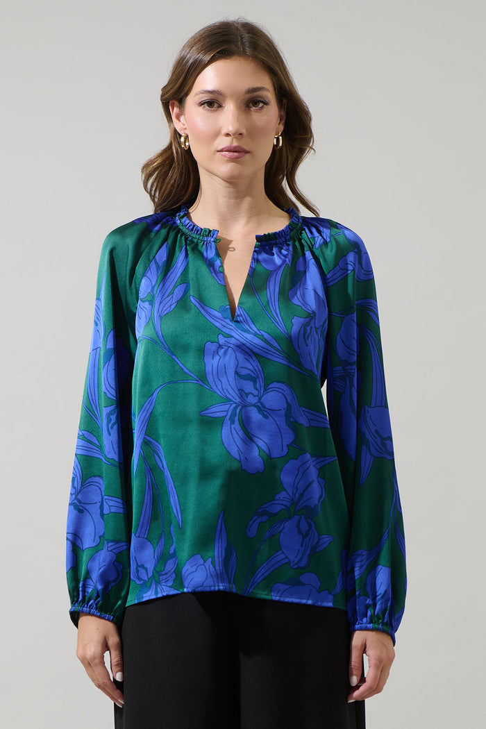 Busbee Floral Alcazar Raglan Sleeve Satin Blouse