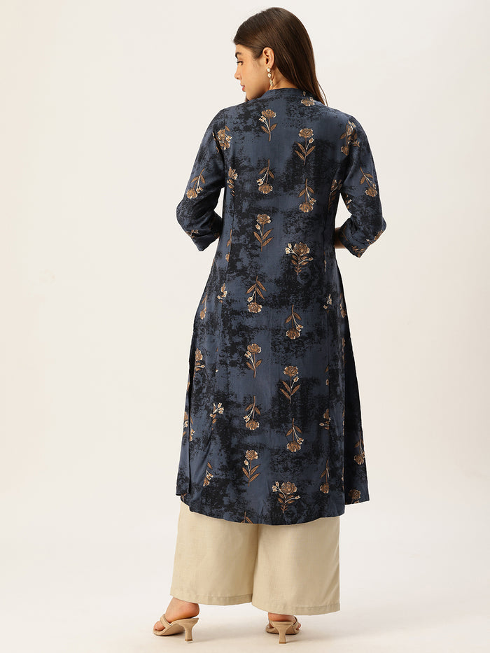 Cadet Blue Floral Printed A - Line Kurta