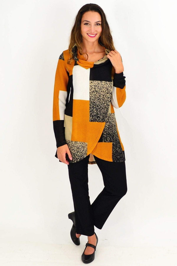 Black and yellow caramel cowl neck tunic top by Caroline Morgan, featuring a stylish draped cowl neckline and modern design.