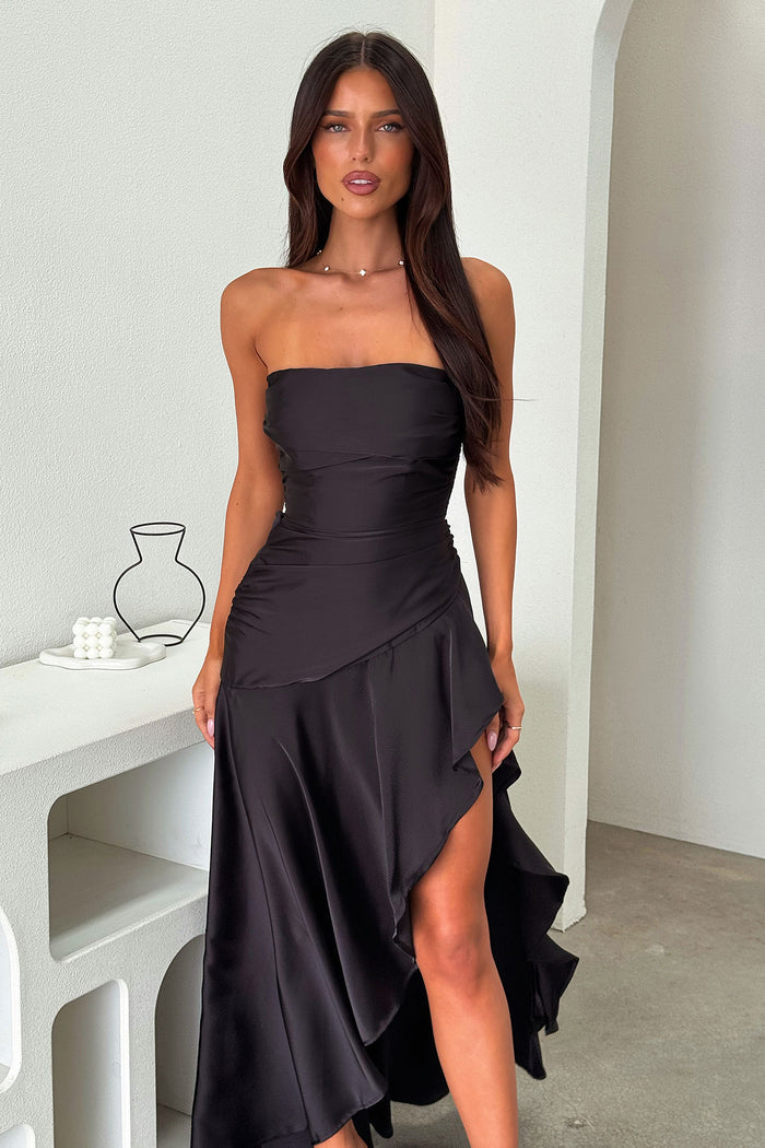 Carly Strapless Satin Maxi Dress - Black