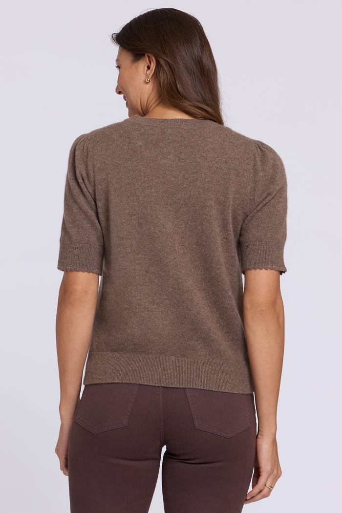 Cashmere Short Sleeved Crewneck Cardigan - Sepia