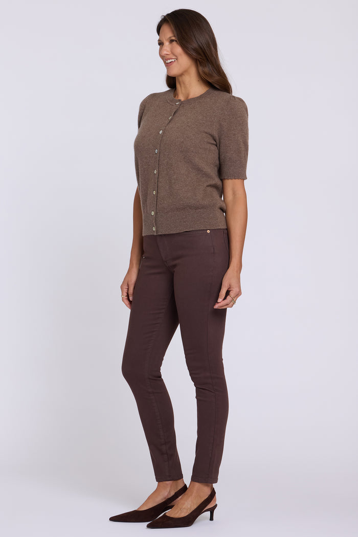 Cashmere Short Sleeved Crewneck Cardigan - Sepia