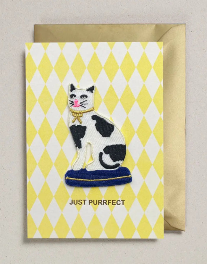 Cat with Bow Just Purrfect Iron on Patch Greeting Card, Petra Boase