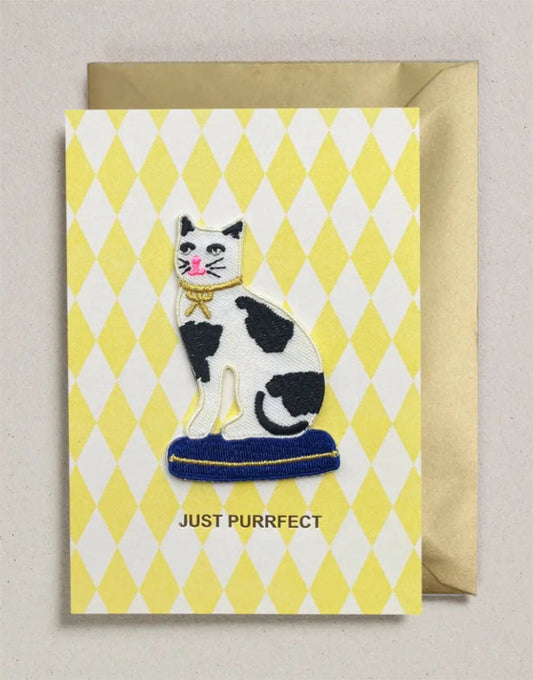 Cat with Bow Just Purrfect Iron on Patch Greeting Card, Petra Boase