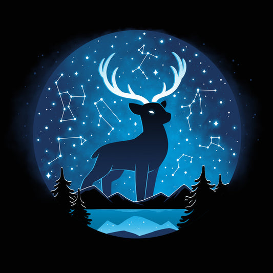 Premium Cotton T-shirt_TeeTurtle Celestial Stag (Glow) black t-shirt featuring a silhouette of a deer with large antlers in a circular frame against a backdrop of a starry night sky with constellation patterns. In the foreground, there are dark silhouettes of coniferous trees, light-blue horizontal lines representing mountains and a body of water.