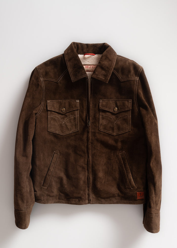 Brown suede jacket with front zipper, two chest pockets, and side pockets, displayed on a white background.