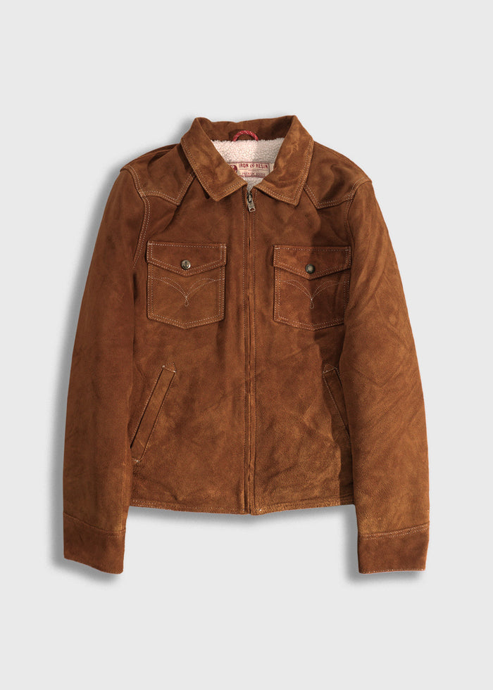 Brown suede jacket with two chest pockets, zipper closure, and collar, displayed on a light background.