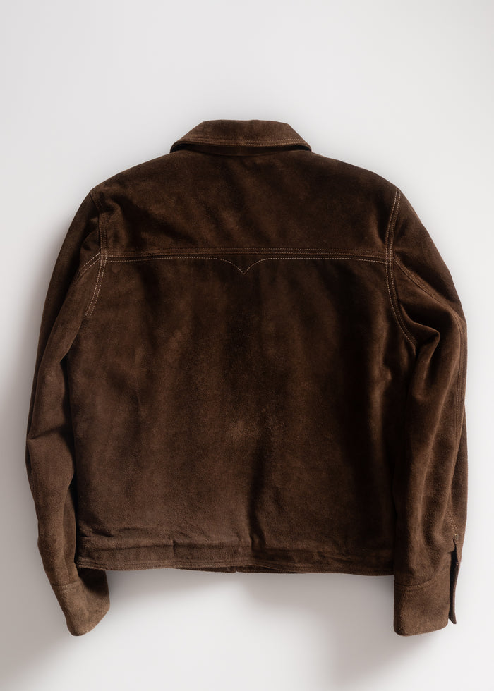 Brown suede jacket displayed from the back, highlighting the soft texture and classic design against a plain background.