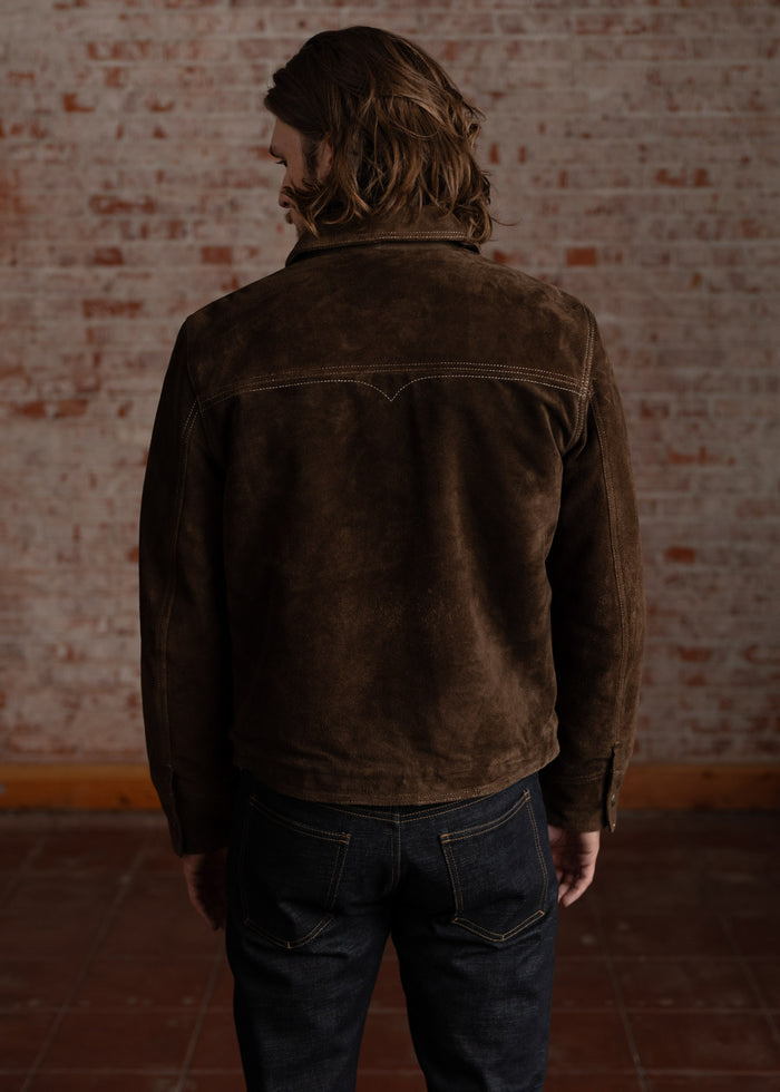 Man in brown suede jacket and jeans stands facing a brick wall, showcasing the jacket's back details in a rustic setting.