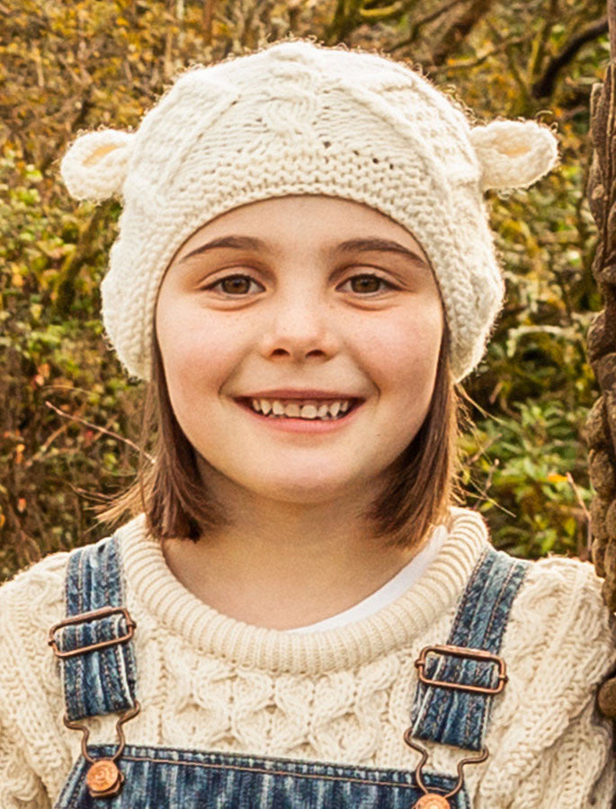 Children's Aran Hat with Ears - White