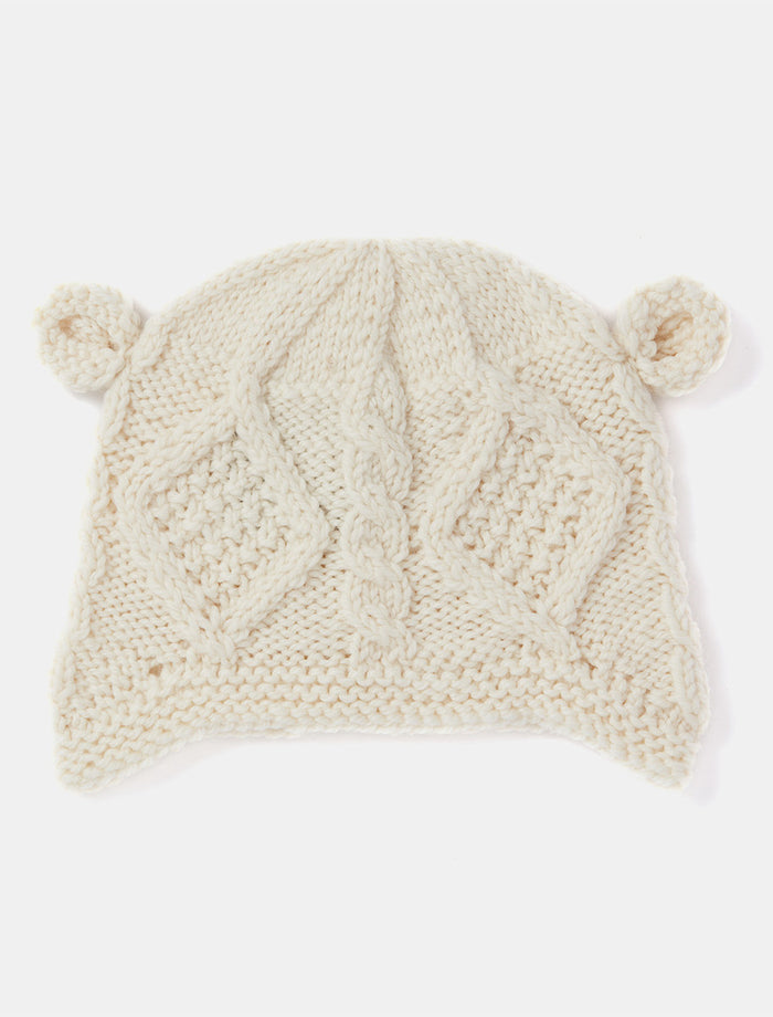 Children's Aran Hat with Ears - White
