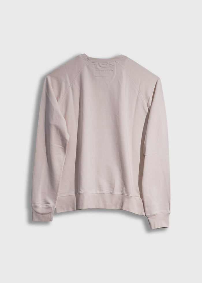 Back view of a plain, light pink sweatshirt with long sleeves, displayed against a white background, highlighting its simplicity.