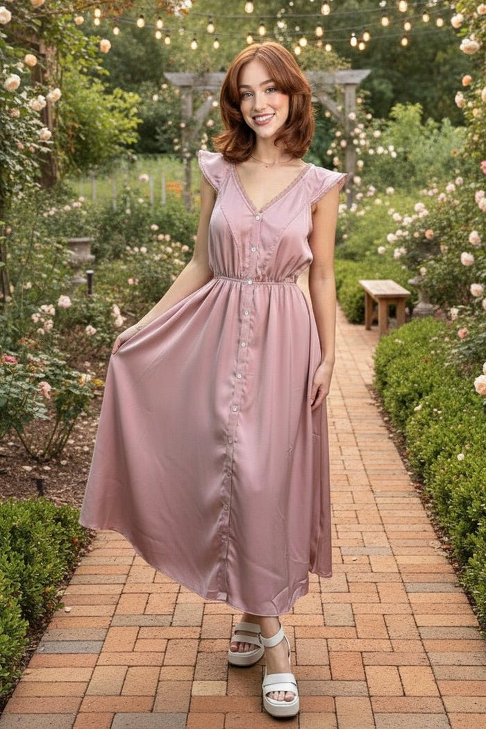 Satin midi dress, lace trim dress, button down dress, silky wedding guest dress, romantic pink dress, versatile midi dress, feminine satin gown.