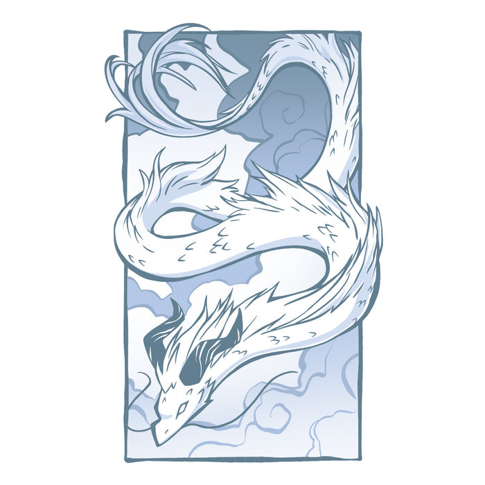 Premium Cotton T-shirt_TeeTurtle Cloud Dragon white t-shirt featuring a long, serpentine dragon with horns, coiled in the air against a cloudy sky background, drawn in monochromatic blue tones.
