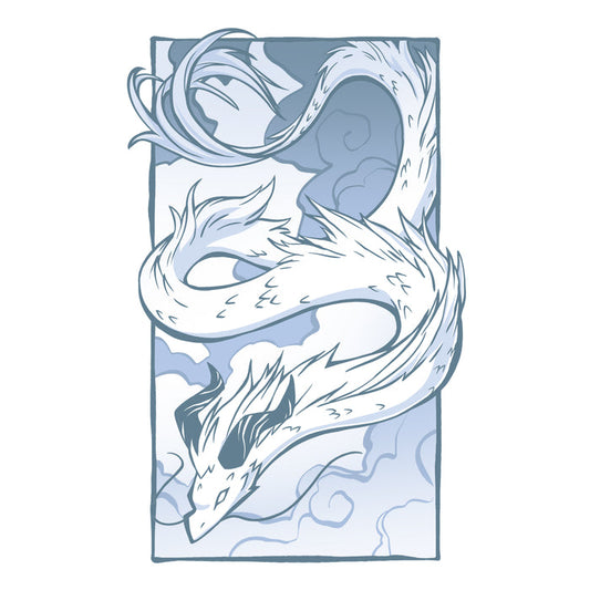 Premium Cotton T-shirt_TeeTurtle Cloud Dragon white t-shirt featuring a long, serpentine dragon with horns, coiled in the air against a cloudy sky background, drawn in monochromatic blue tones.