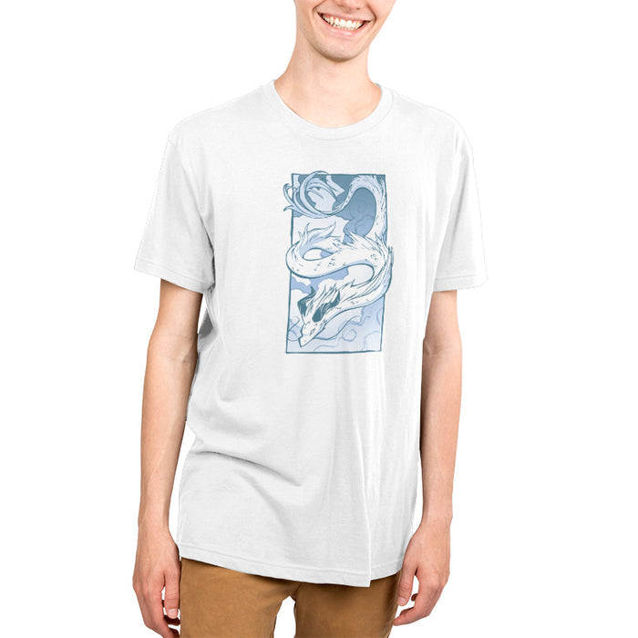 Premium Cotton T-shirt_TeeTurtle Cloud Dragon white t-shirt featuring a long, serpentine dragon with horns, coiled in the air against a cloudy sky background, drawn in monochromatic blue tones.