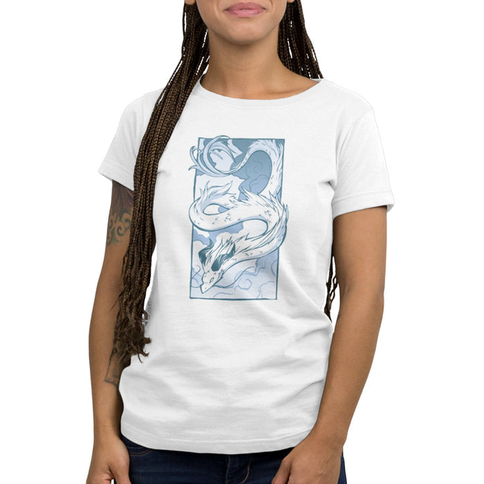 Premium Cotton T-shirt_TeeTurtle Cloud Dragon white t-shirt featuring a long, serpentine dragon with horns, coiled in the air against a cloudy sky background, drawn in monochromatic blue tones.