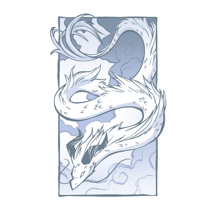 Classic Cotton T-shirt_TeeTurtle Cloud Dragon white t-shirt featuring a long, serpentine dragon with horns, coiled in the air against a cloudy sky background, drawn in monochromatic blue tones.