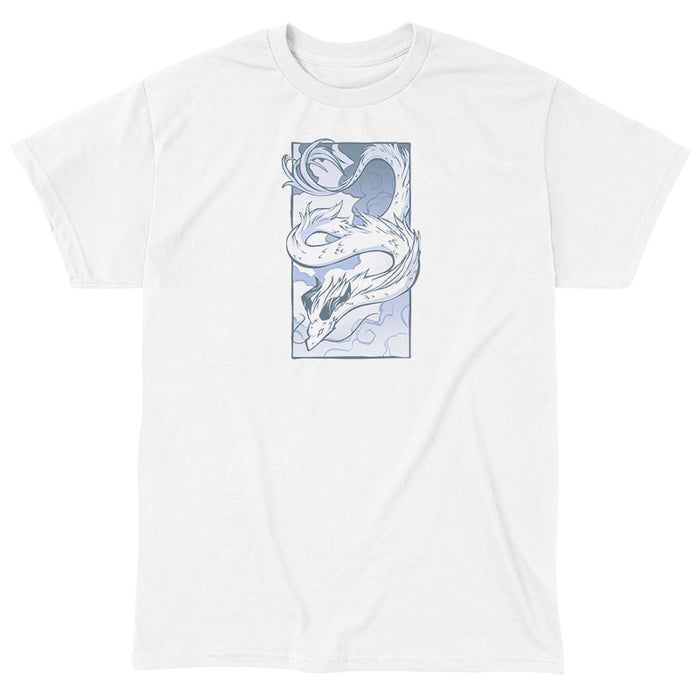 Classic Cotton T-shirt_TeeTurtle Cloud Dragon white t-shirt featuring a long, serpentine dragon with horns, coiled in the air against a cloudy sky background, drawn in monochromatic blue tones.