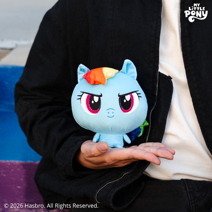 Cloudheads: 5" Rainbow Dash being held by someone in a dark outfit against a colorful background