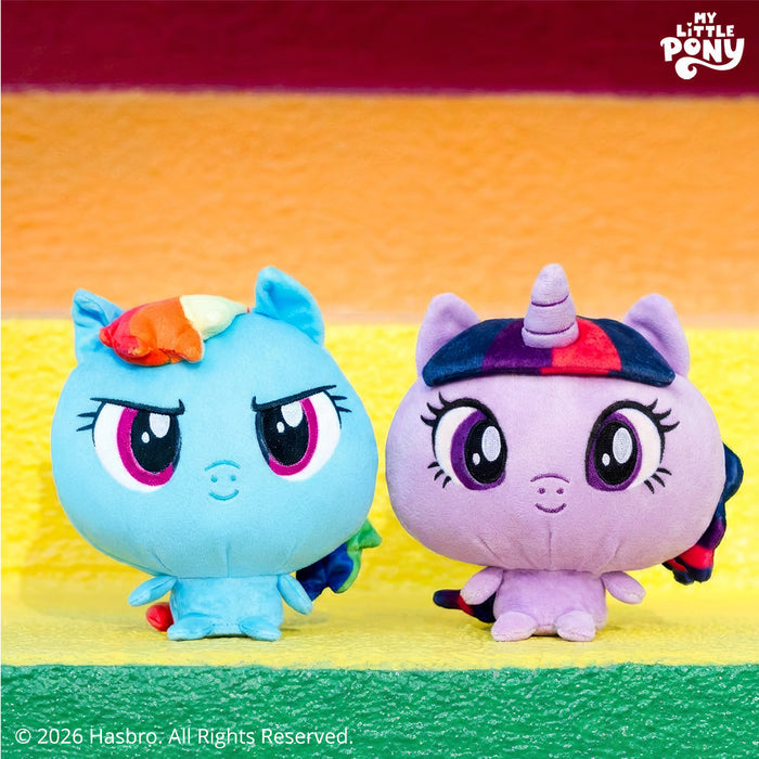 Cloudheads: 5" Twilight Sparkle and Cloudheads: 5" Rainbow Dash against a rainbow stripe background