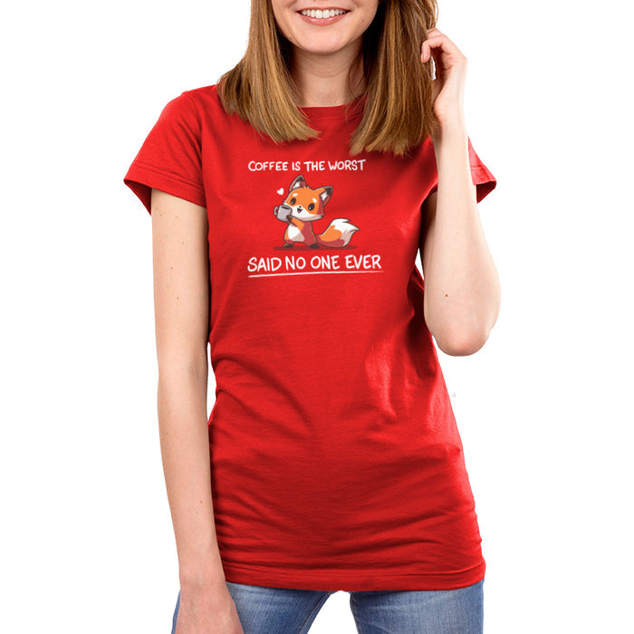 Premium Cotton T-shirt_Teeturtle Coffee Is The Worst... Said No One Ever garnet red apparel featuring a cute little fox gripping a cup of coffee in their paws with 'Coffee is the Worst' above and 'Said No One Ever' below.