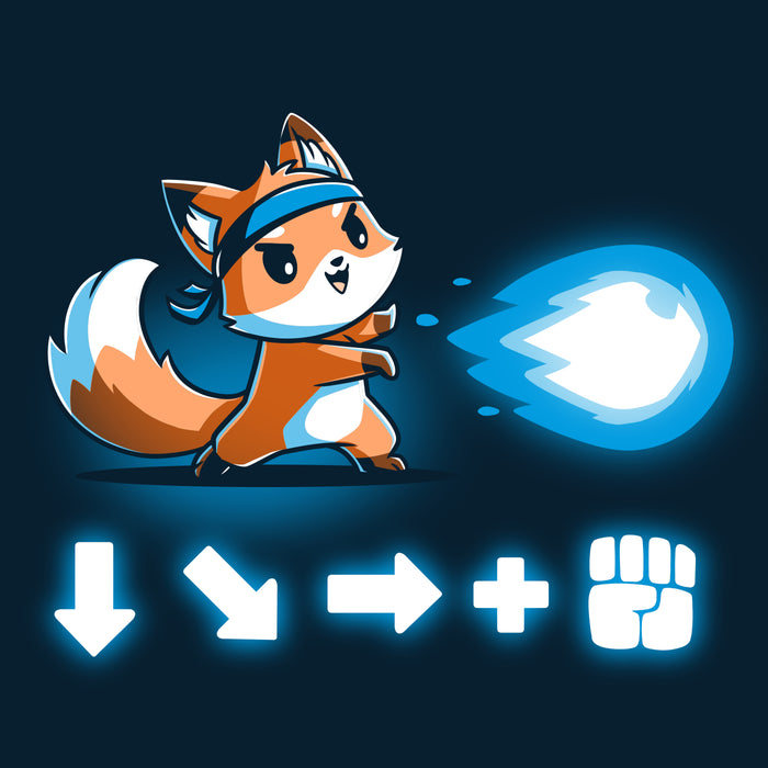 Premium Cotton T-shirt_TeeTurtle navy blue Combo Attack featuring a cute little fox wearing a headband firing off a Hadouken fireball with the game input command beneath.