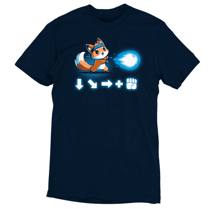 Premium Cotton T-shirt_TeeTurtle navy blue Combo Attack featuring a cute little fox wearing a headband firing off a Hadouken fireball with the game input command beneath.