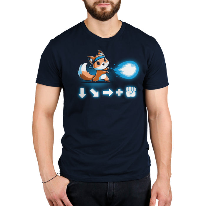 Premium Cotton T-shirt_TeeTurtle navy blue Combo Attack featuring a cute little fox wearing a headband firing off a Hadouken fireball with the game input command beneath.