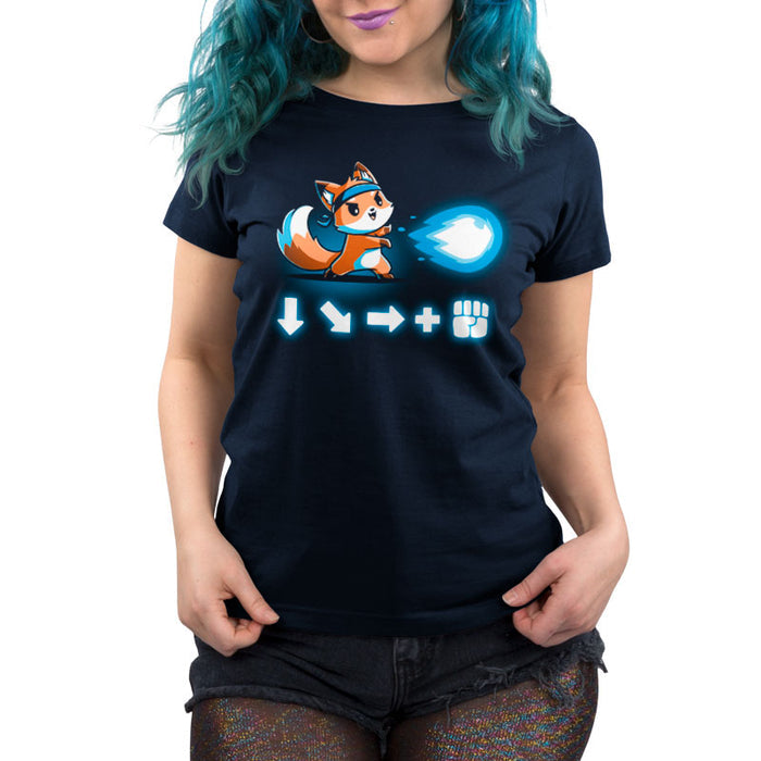 Premium Cotton T-shirt_TeeTurtle navy blue Combo Attack featuring a cute little fox wearing a headband firing off a Hadouken fireball with the game input command beneath.