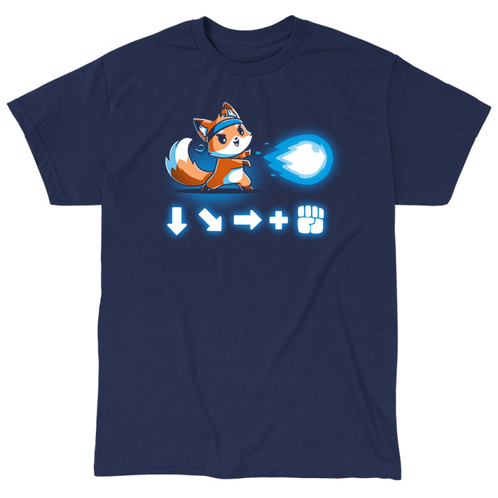 Classic Cotton T-shirt_TeeTurtle navy blue Combo Attack featuring a cute little fox wearing a headband firing off a Hadouken fireball with the game input command beneath.