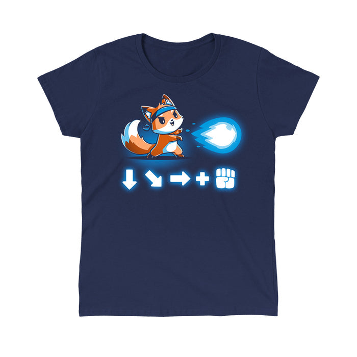 Classic Cotton T-shirt_TeeTurtle navy blue Combo Attack featuring a cute little fox wearing a headband firing off a Hadouken fireball with the game input command beneath.