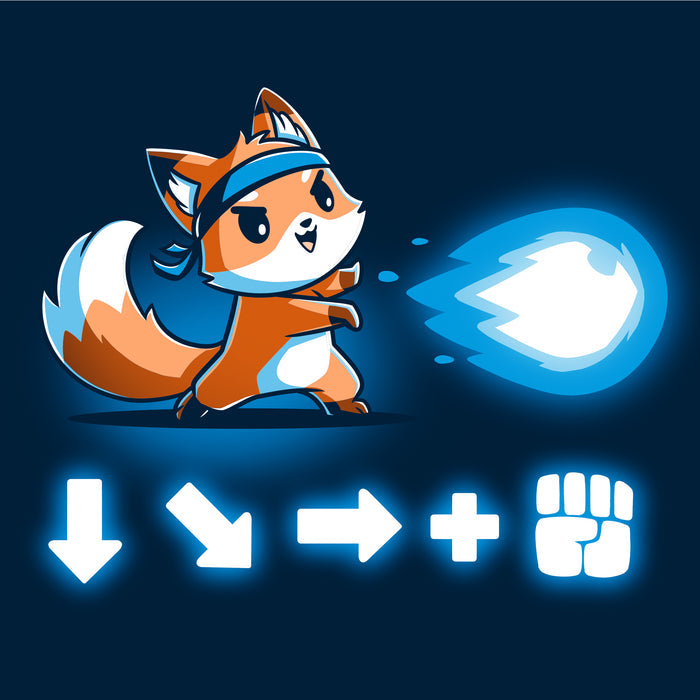 Long Sleeve T-shirt_TeeTurtle navy blue Combo Attack featuring a cute little fox wearing a headband firing off a Hadouken fireball with the game input command beneath.