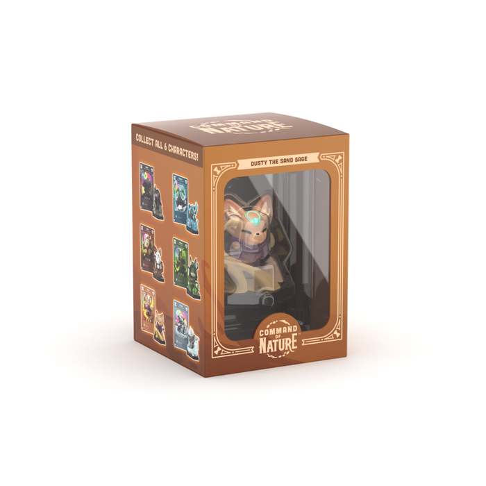 A boxed figurine from Unstable Games' "Command of Nature" series featuring "Dusty the Sand Sage Vinyl Figure." The packaging showcases six collectible characters on the side and features a clear front to display the figure.