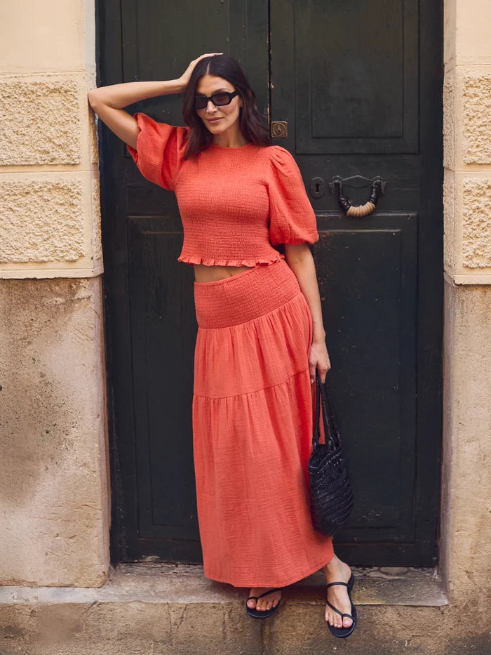 Coral Cheesecloth Shirred Top
