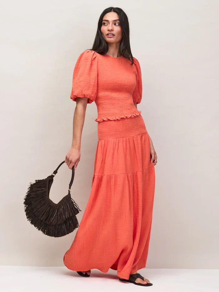 Coral Cheesecloth Shirred Waistband Skirt Co-Ord Resort Holiday