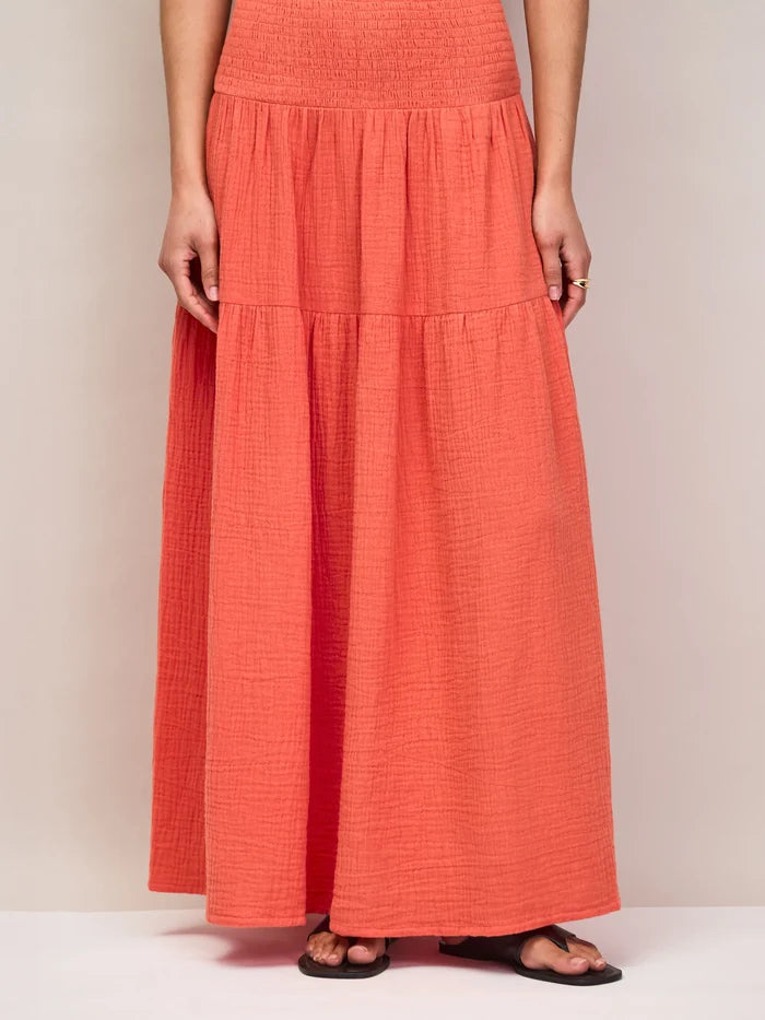 Coral Cheesecloth Shirred Waistband Skirt Co-Ord Resort Holiday