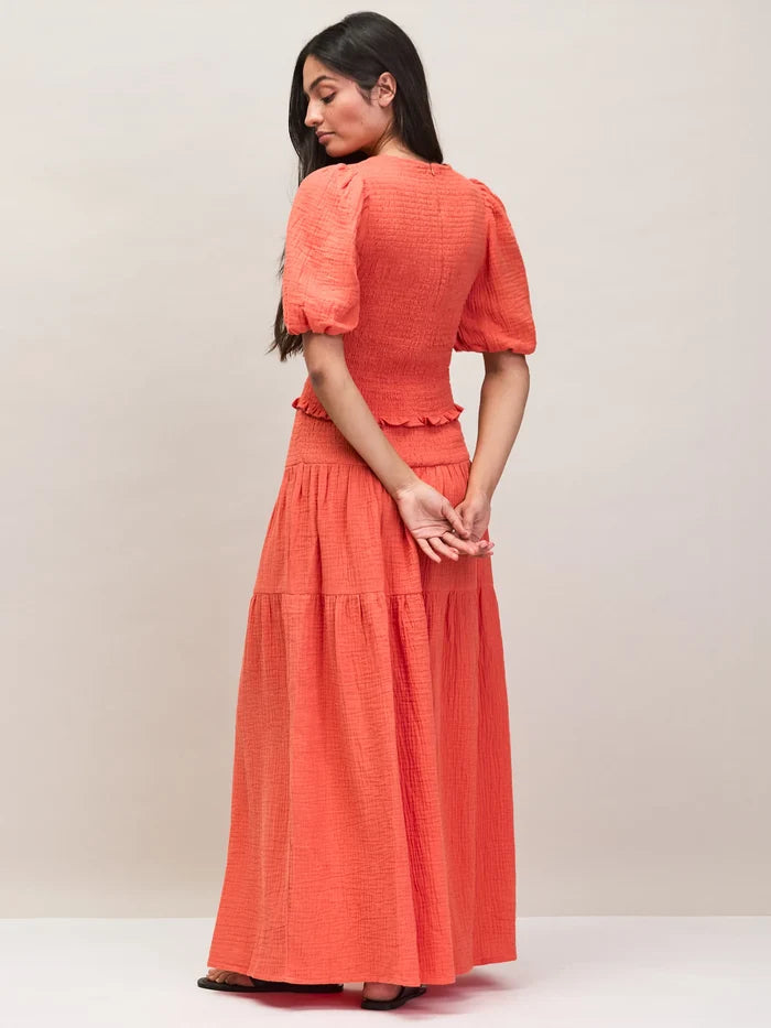 Coral Cheesecloth Shirred Waistband Skirt Co-Ord Resort Holiday