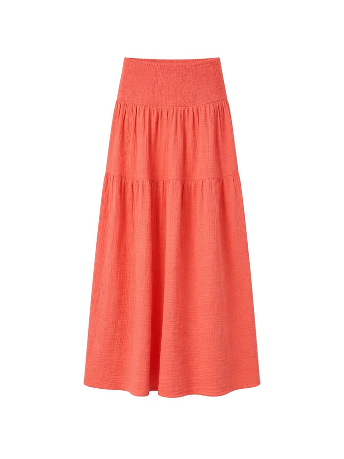 Coral Cheesecloth Shirred Waistband Skirt Co-Ord Resort Holiday