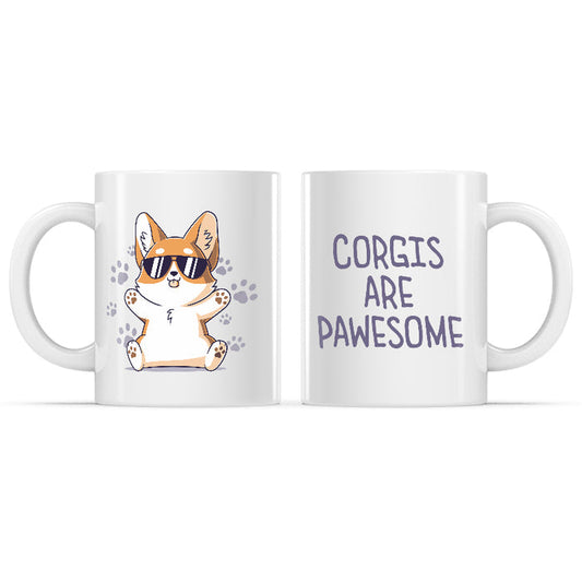 Ceramic Mug_TeeTurtle Corgis are Pawesome white mug featuring a corgi wearing sunglasses with its paws up.
