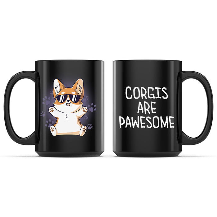 Ceramic Mug_TeeTurtle Corgis are Pawesome black mug featuring a corgi wearing sunglasses with its paws up.