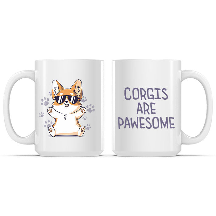 Ceramic Mug_TeeTurtle Corgis are Pawesome white mug featuring a corgi wearing sunglasses with its paws up.