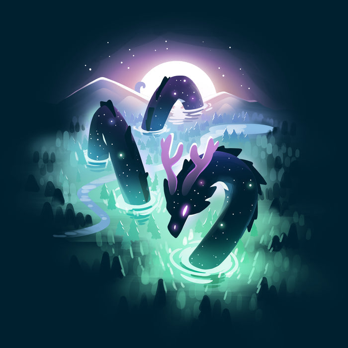 Premium Cotton T-shirt_TeeTurtle Cosmic Colors navy blue t-shirt featuring a mystical sea serpent in a dark ocean.